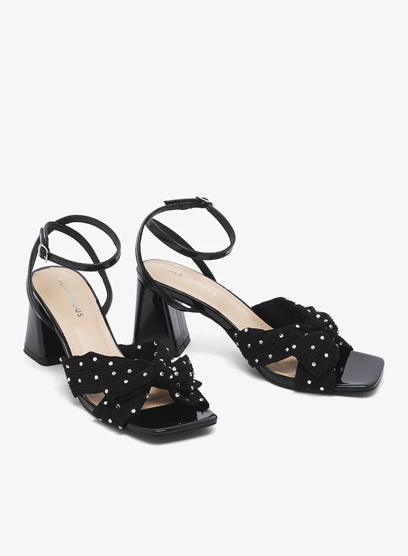 Glamorous BLACK Embellished Bow Block Heel Sandals for Women | Best Price UAE